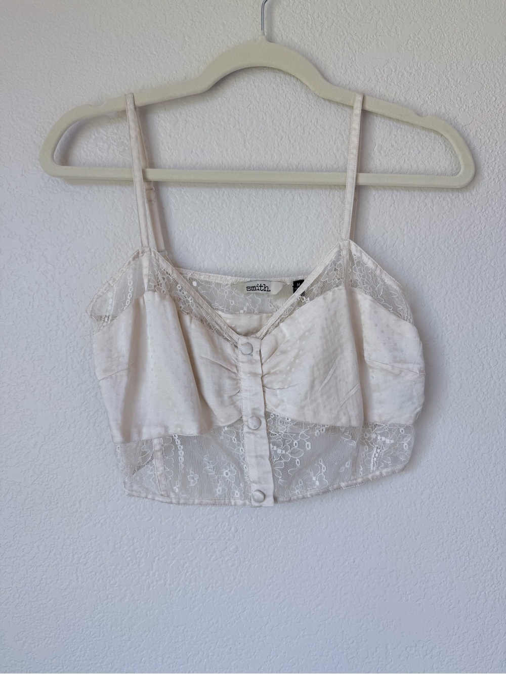 100% Silk Cream Polka Dot Lace Crop Cami Top Button Front Sheer Size M